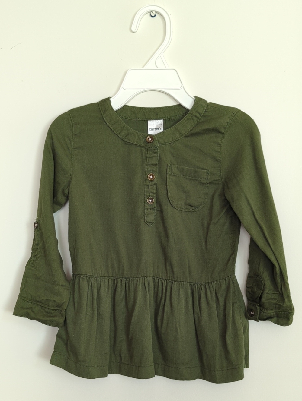 3/$20🌟 Carter's Olive Long Roll Tab Sleeve Peplum Shirt Dress Size 24 Months